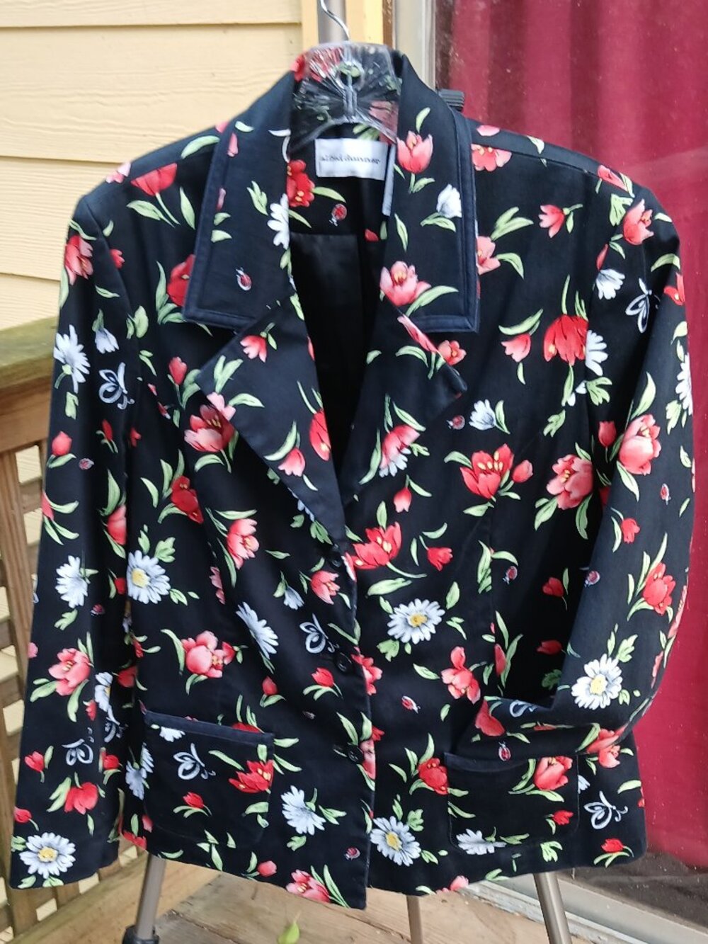 Vintage 90's Black Whimsical Ladybugs In A Spring Flower Garden Blazer Sz 10
